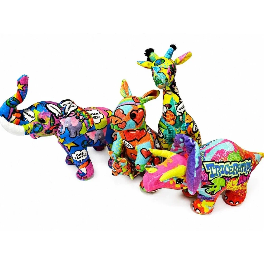 Wild Republic Mixed Lot 4 Graffiti Print Plush Elephant Giraffe Dino Kangaroo